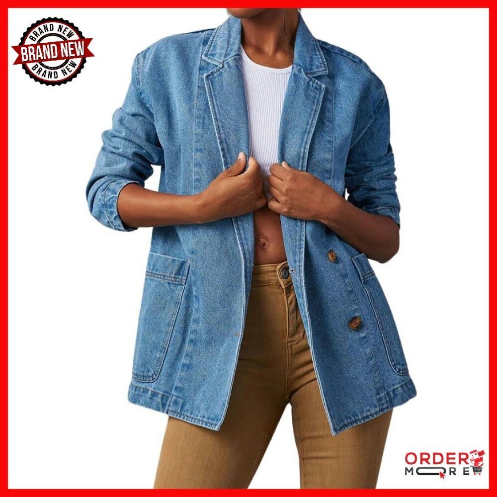 Denim Blazer Jacket Long Sleeve Casual Open Front with Pockets